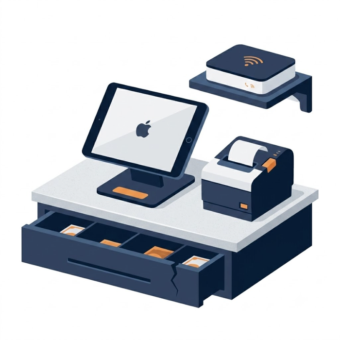 レジ用のiPad、レシートプリンタ、Wi-Fiルーター、現金のキャッシュドロワーが並んだイラスト