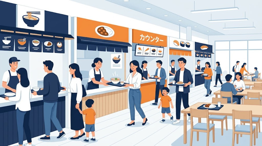 明るいフードコートで、お客さんが自分でトレイを持って注文・受け取りをしているイラスト