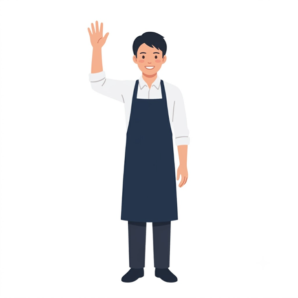 ネイビーのエプロンを着けた男性のホールスタッフが、笑顔で手を上げてお客様を迎えているイラスト