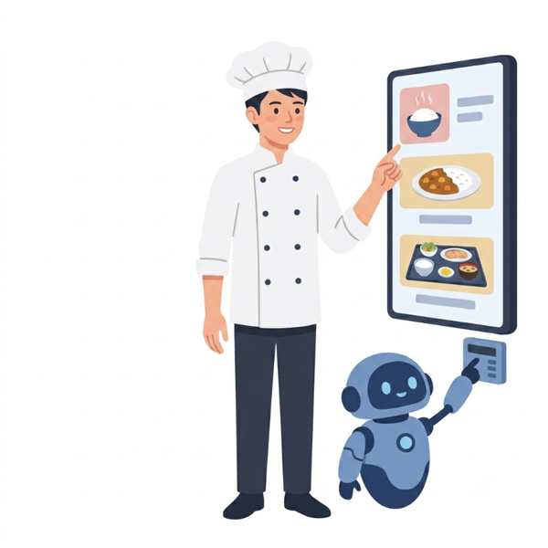 コック服の男性キッチンスタッフが、小さなAIロボットと一緒に、料理が並ぶデジタルメニュー画面を設定しているイラスト