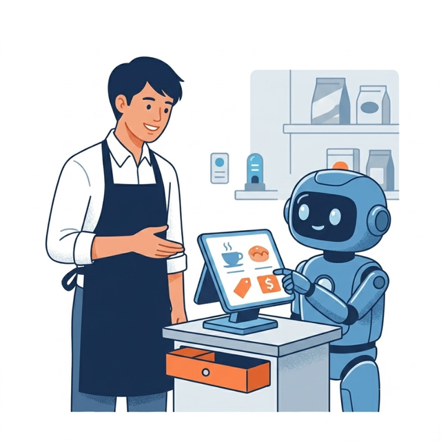 エプロン姿のお店のスタッフが、AIロボットと一緒にレジのタブレットを操作しているイラスト